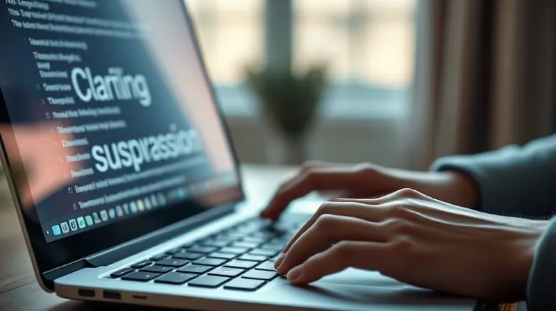 A photorealistic close-up of a freelancer's hands typing on a laptop, with compelling words appearing on the screen, reflecting a sense of clarity and persuasion, cinematic lighting, 8K hyper-detailed, shot on a high-end DSLR.