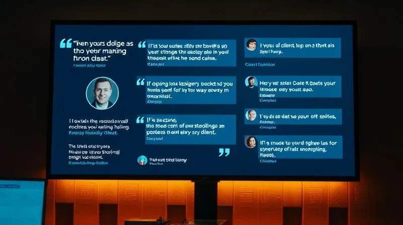 Photorealistic image of a digital screen displaying client testimonials with smiling faces and positive quotes, surrounded by a subtle aura of trust and professionalism, cinematic lighting, 8K hyper-detailed, shot on a high-end DSLR.