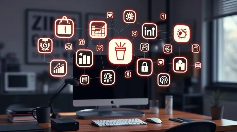 A photorealistic image of various digital marketing tools icons floating above a freelancer's desk, connected by glowing lines, symbolizing automation and efficiency, cinematic lighting, 8K hyper-detailed, shot on a high-end DSLR.