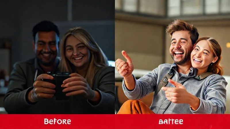 Photorealistic, professional photography, 8K, cinematic lighting, sharp focus, depth of field, shot on a high-end DSLR. A split screen showing two Instagram ad creatives. On the left, a dull, generic stock photo of people smiling with a product. On the right, a vibrant, authentic user-generated content style video still of someone enthusiastically using the product in a real-world setting, with text overlays highlighting benefits. The contrast clearly shows 'before' and 'after' in terms of engagement potential.
