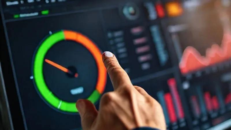 Photorealistic, professional photography, 8K, cinematic lighting, sharp focus, depth of field, shot on a high-end DSLR. A detailed dashboard with various digital marketing metrics. One section highlights a large, green 'ROAS' (Return on Ad Spend) gauge showing high performance, while another shows a red, declining 'CTR' (Click-Through Rate) bar chart. A hand points to the ROAS, emphasizing its importance over CTR for business success. The overall impression is one of data-driven decision making.