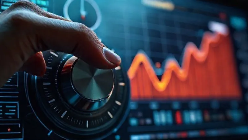 Photorealistic, professional photography, 8K, cinematic lighting, sharp focus, depth of field, shot on a high-end DSLR. A person's hand meticulously adjusting a dial on a complex digital interface, labeled 'Ad Budget Allocation'. The background shows a dynamic, glowing graph illustrating optimized spending leading to increased ROI, with various data points and financial symbols. The scene conveys precision and strategic financial management.