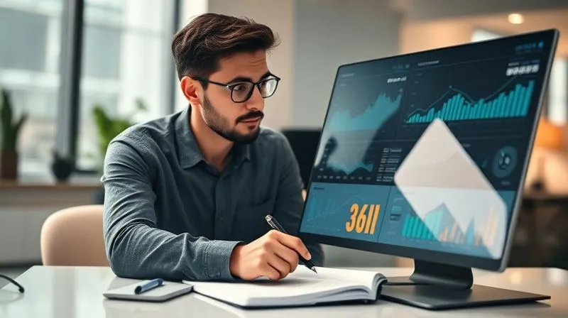 Photorealistic, professional photography, 8K, cinematic lighting, sharp focus, depth of field, shot on a high-end DSLR. A thoughtful freelancer intently studying a digital dashboard filled with client data and insights, with a notepad and pen beside them, conveying deep understanding and strategic planning. The background is a modern, minimalist office.