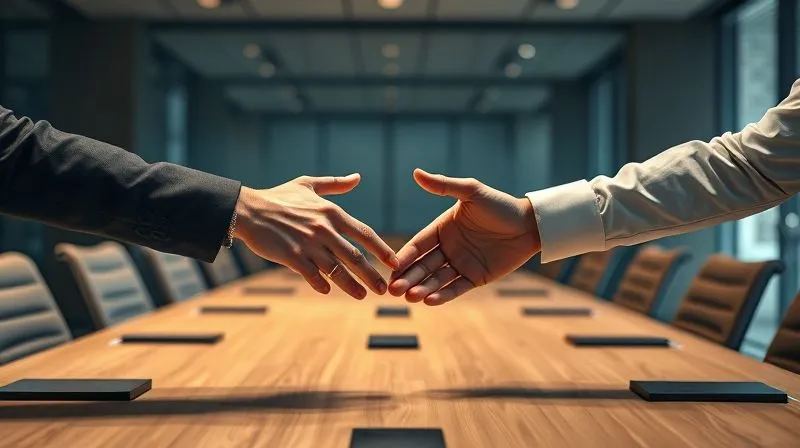 Photorealistic, professional photography, 8K, cinematic lighting, sharp focus, depth of field, shot on a high-end DSLR. Two hands, one reaching out to another across a modern conference table, symbolizing connection, follow-up, and closing a deal. The lighting is warm and inviting, suggesting collaboration and success.