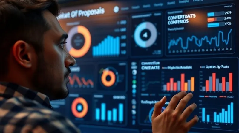 Photorealistic, professional photography, 8K, cinematic lighting, sharp focus, depth of field, shot on a high-end DSLR. A person thoughtfully analyzing a digital dashboard displaying various metrics and conversion rates related to proposals, with charts and graphs highlighting areas for improvement. The focus is on data-driven decision-making and learning from outcomes.
