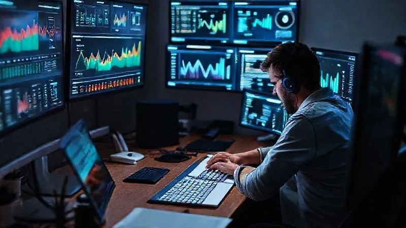 A photorealistic image of a person meticulously crafting content at a desk, surrounded by digital screens displaying analytics and creative ideas, representing the dedication to building an online brand. Professional photography, 8K, cinematic lighting, sharp focus on the person and screens, depth of field, shot on a high-end DSLR.