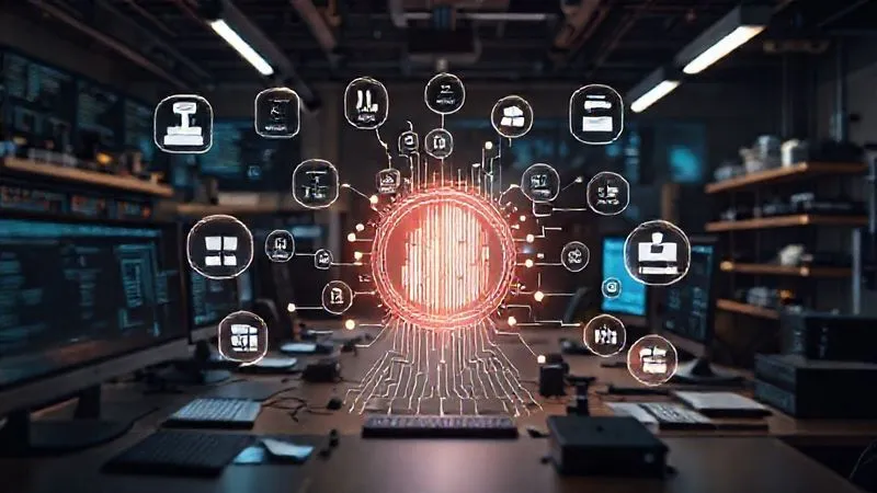 A photorealistic image of a highly organized digital workspace with various automation software icons floating around a central, glowing data stream, representing efficient workflow and process automation. Professional photography, 8K, cinematic lighting, sharp focus on the central stream, depth of field, shot on a high-end DSLR.