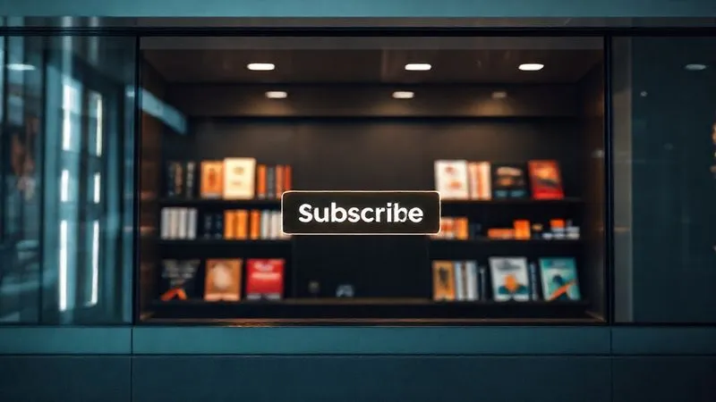 A photorealistic image of a sleek, modern digital storefront displaying various digital products like e-books, online courses, and software subscriptions, with a subtle glow around a 'subscribe' button. Cinematic lighting, sharp focus, depth of field blurring the background, 8K hyper-detailed, professional photography.