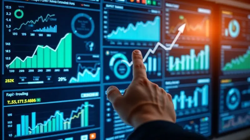 A photorealistic image of a multi-screen data dashboard displaying various financial metrics, growth charts, and key performance indicators (KPIs) in a clean, modern interface. A hand points to a stable, upward trend line. Cinematic lighting, sharp focus on the screens, depth of field blurring the hand and background, 8K hyper-detailed, professional photography.