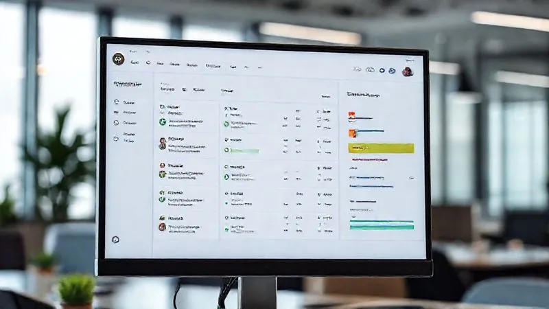 Photorealistic image of a modern, clean project management dashboard on a computer screen, displaying multiple tasks, deadlines, and team member assignments. The interface is intuitive, with progress bars and color-coded statuses. Cinematic lighting highlights the screen, with a shallow depth of field blurring a professional office background. Professional photography, 8K, shot on a high-end DSLR.