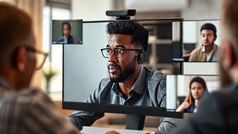 Photorealistic image of a diverse remote team engaging in a constructive feedback session via video conference. One team member (focused, listening) is on the main screen, while others (attentive, engaged) are in smaller windows. The setting is professional, with modern home office backgrounds. Cinematic lighting, sharp focus on the main speaker's expression, depth of field blurring other elements. Professional photography, 8K, shot on a high-end DSLR.