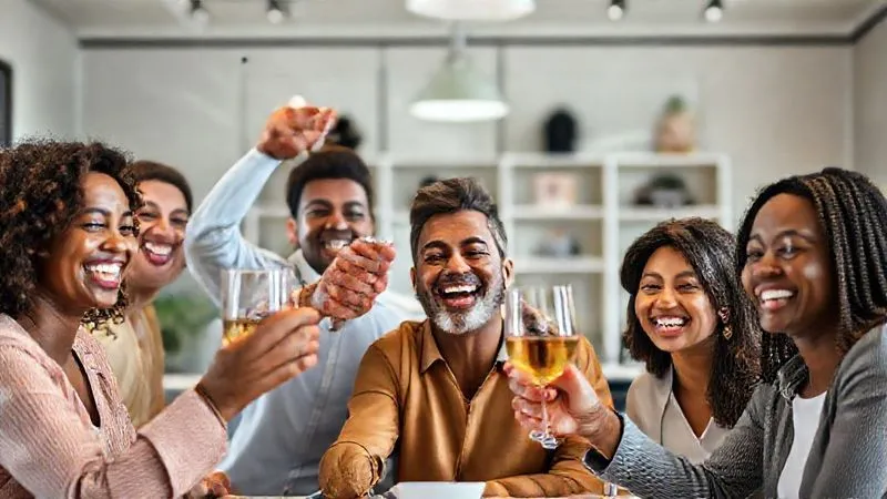Photorealistic image of a diverse, joyful remote team celebrating a successful project completion on a video call. They are smiling, some raising virtual toasts. The background shows blurred home offices, conveying a sense of unity despite distance. Cinematic lighting, sharp focus on the expressions of joy and achievement. Professional photography, 8K, shot on a high-end DSLR.