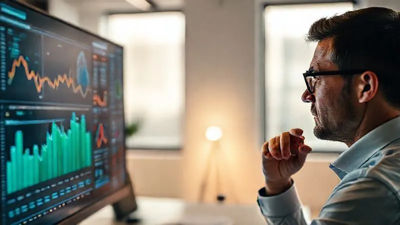 Photorealistic image of a professional analyzing complex data on a large monitor, displaying various charts, graphs, and project metrics. The person is focused, with a thoughtful expression. The background is a modern, minimalist office. Cinematic lighting, sharp focus on the data visualization, depth of field blurring the background. Professional photography, 8K, shot on a high-end DSLR.