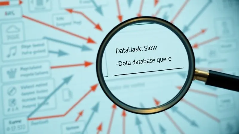 A photorealistic, detailed diagram showing a complex web application architecture with arrows indicating data flow, highlighting bottlenecks in red, with a magnifying glass zooming in on a slow database query. Professional photography, 8K, cinematic lighting, sharp focus, depth of field, shot on a high-end DSLR.