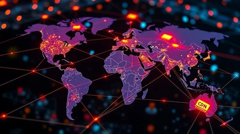 A photorealistic, highly detailed network diagram illustrating a global CDN architecture with multiple edge servers, showing data packets traveling quickly from the nearest server to user devices. Professional photography, 8K, cinematic lighting, sharp focus, depth of field, shot on a high-end DSLR, emphasizing speed and distribution.