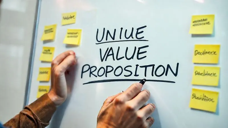 A photorealistic image of a person meticulously crafting a unique value proposition on a digital whiteboard, surrounded by sticky notes with keywords like 'niche', 'benefit', 'differentiation'. The scene is brightly lit, showing focus and clarity, 8K, cinematic lighting, sharp focus, depth of field, professional photography, shot on a high-end DSLR.