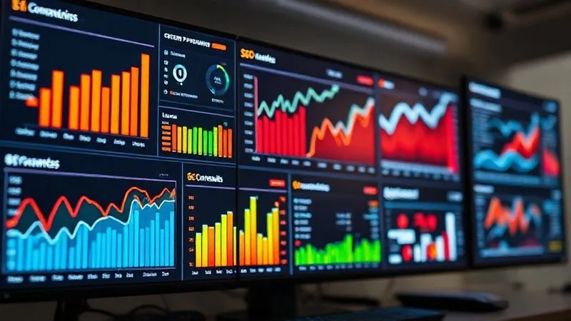 A photorealistic image of a vibrant, multi-screen dashboard displaying various marketing analytics: SEO rankings, content performance metrics, and local search results, all showing an upward trend. The image conveys data-driven success and strategic growth, 8K, cinematic lighting, sharp focus, depth of field, professional photography, shot on a high-end DSLR.