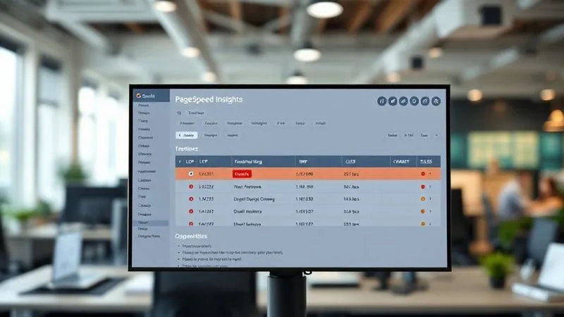A photorealistic screenshot of a Google PageSpeed Insights report with sections highlighted for LCP, INP, and CLS, showing red and orange warnings, with a cursor hovering over an 'Opportunities' section. The background is a blurred office environment, professional photography, 8K, cinematic lighting, sharp focus, depth of field, shot on a high-end DSLR.