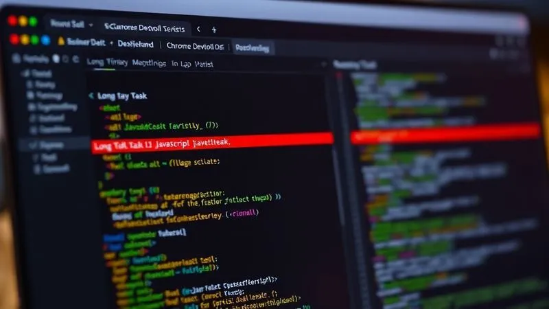 A photorealistic image of a developer's screen showing Chrome DevTools Performance tab, with a long task highlighted in red on the main thread, indicating a JavaScript bottleneck. Code snippets are visible in the background, professional photography, 8K, cinematic lighting, sharp focus on the DevTools, depth of field blurring the background, shot on a high-end DSLR.