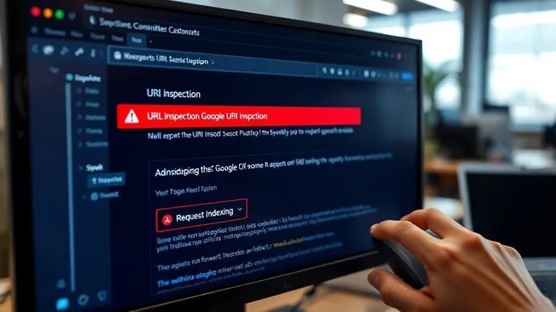 A photorealistic, professional photography image of a Google Search Console interface on a monitor, showing the 'URL Inspection' tool results with a red warning icon, indicating a problem. A person's hand with a mouse hovers over the 'Request Indexing' button. Cinematic lighting, sharp focus on the screen, depth of field blurring the background office. 8K hyper-detailed, shot on a high-end DSLR.