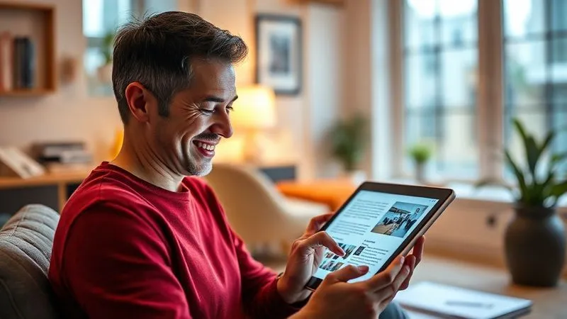 A photorealistic, professional photography image of a person deeply engaged, smiling, while reading content on a tablet in a cozy, well-lit modern home office. The tablet screen displays compelling, well-structured text with vibrant images. Cinematic lighting, sharp focus on the tablet and person's face, depth of field blurring the background. 8K hyper-detailed, shot on a high-end DSLR, conveying positive user experience and high-quality content.