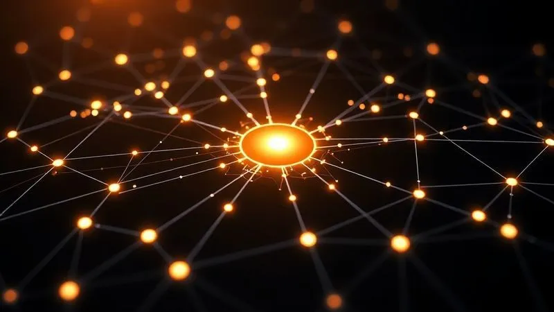 A photorealistic, professional photography image of a complex network of interconnected glowing lines and dots, symbolizing backlinks and social signals forming a strong web around a central, brightly lit node representing a website. The background is dark and abstract, with cinematic lighting highlighting the connections. 8K hyper-detailed, sharp focus, depth of field, shot on a high-end DSLR.