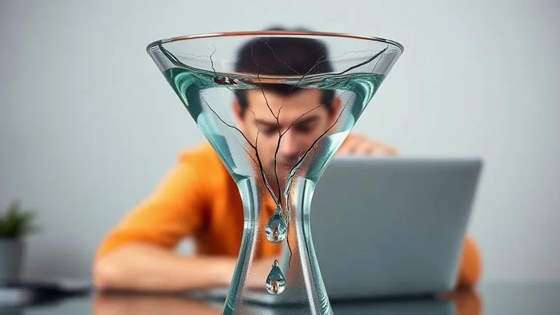 A photorealistic diagram of a sales funnel, with clear cracks and leaks at various stages, water (representing leads) dripping out. The funnel is made of glass, and behind it, a blurry background of a frustrated person looking at a laptop screen. Cinematic lighting, sharp focus on the leaks, depth of field, 8K, professional photography, shot on a high-end DSLR.