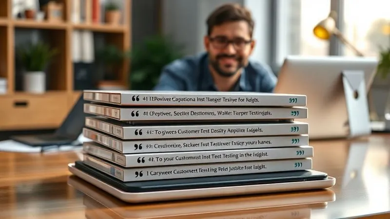 A photorealistic image of a stack of glowing, positive customer testimonials on sleek digital tablets, arranged neatly on a polished desk. In the background, a professional copywriter is smiling, looking confident, slightly out of focus. Cinematic lighting, sharp focus on the testimonials, depth of field, 8K, professional photography, shot on a high-end DSLR.