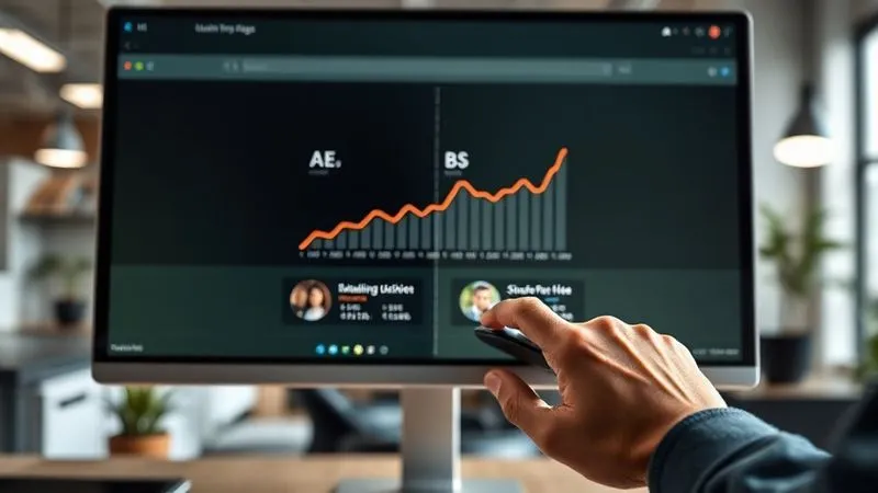 A photorealistic image of a split-screen on a large monitor, showing two different versions of a landing page (A and B) side-by-side, with a graph overlay indicating which version is performing better. A hand is hovering over a mouse, ready to click. Cinematic lighting, sharp focus on the monitor, depth of field blurring the office background, 8K, professional photography, shot on a high-end DSLR.