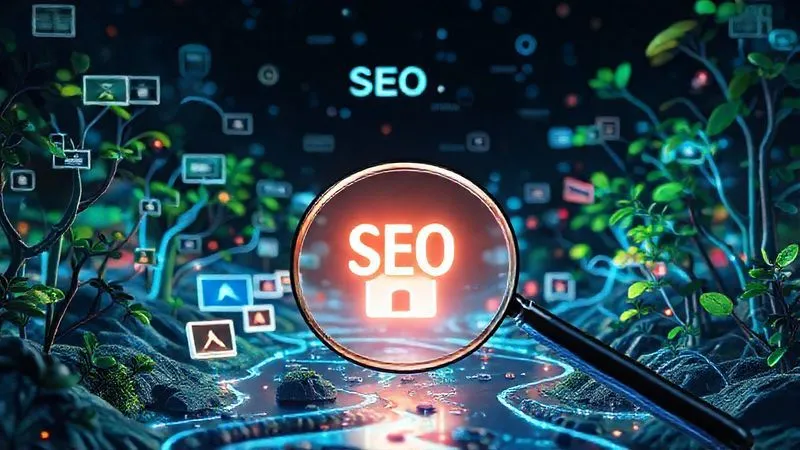 A photorealistic image of a vibrant digital ecosystem, with various content formats (blog posts, videos, podcasts) flowing like rivers towards a central, glowing digital product icon. A magnifying glass with SEO terms hovers above, indicating optimization. Cinematic lighting, sharp focus, 8K hyper-detailed, professional photography.