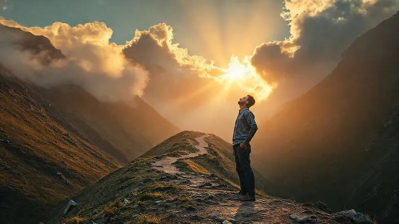 A photorealistic image of a lone, determined entrepreneur standing at the base of a challenging, winding mountain path, looking up with a hopeful and resilient expression. The path ahead is illuminated by a warm, golden light breaking through clouds, symbolizing overcoming obstacles and long-term vision. Cinematic lighting, sharp focus, 8K hyper-detailed, professional photography.