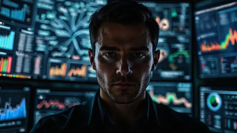 A photorealistic image of a person deeply focused, surrounded by data charts, mind maps, and consumer profiles on multiple screens, cinematic lighting, sharp focus on the research process, depth of field blurring the background, 8K, professional photography, shot on a high-end DSLR.