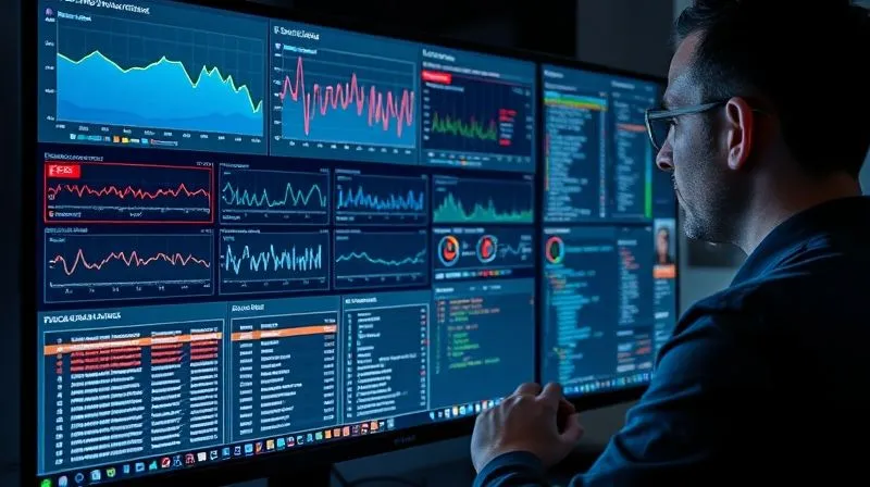 A photorealistic image of a complex dashboard filled with real-time performance metrics, graphs, and logs, with a developer intently analyzing the data on a large monitor. The screen shows spikes in CPU usage and slow database queries highlighted in red. Professional photography, 8K, cinematic lighting, sharp focus on the dashboard, depth of field blurring the background, shot on a high-end DSLR.