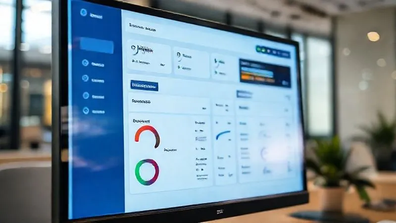 A photorealistic image of a sleek dashboard display on a computer screen, showing CRM software with lead status indicators and automated email sequences. The screen reflects ambient office lighting. Sharp focus, depth of field, 8K hyper-detailed, professional photography, shot on a high-end DSLR.