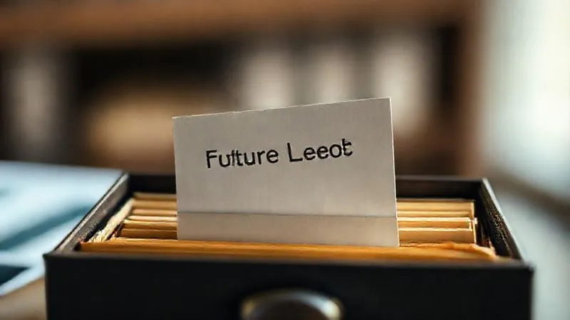 A photorealistic image of a single, well-worn business card being gently placed into a 'future leads' or 'archive' box, conveying a sense of strategic decision and letting go. Cinematic lighting, sharp focus, 8K hyper-detailed, professional photography, shot on a high-end DSLR.