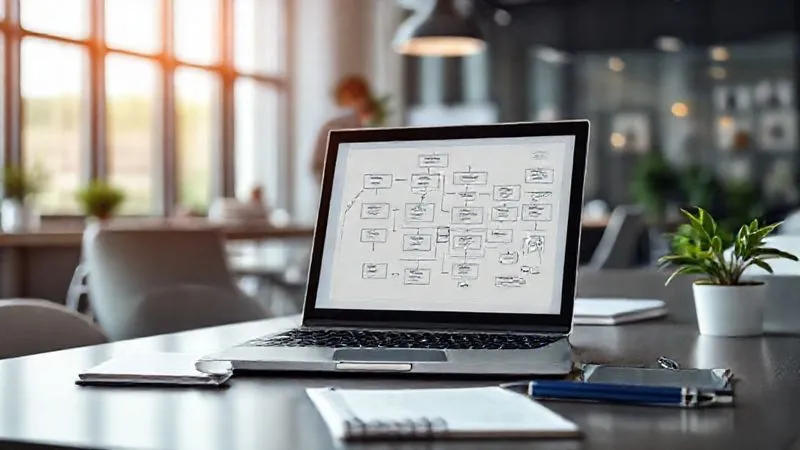 A photorealistic image of a sleek, modern office desk with a laptop displaying a complex business process flowchart. In the foreground, a neatly organized desk with a notebook, pen, and a small plant. The background is slightly blurred, showing a collaborative workspace. Cinematic lighting, sharp focus on the flowchart, 8K hyper-detailed, professional photography, shot on a high-end DSLR.