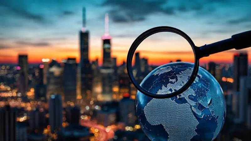 A photorealistic image of a vibrant, growing city skyline at dusk, with digital network lines connecting buildings. In the foreground, a magnifying glass hovers over a globe, symbolizing market analysis and global reach. Cinematic lighting, sharp focus on the cityscape and magnifying glass, depth of field blurring the distant horizon, 8K hyper-detailed, professional photography, shot on a high-end DSLR.