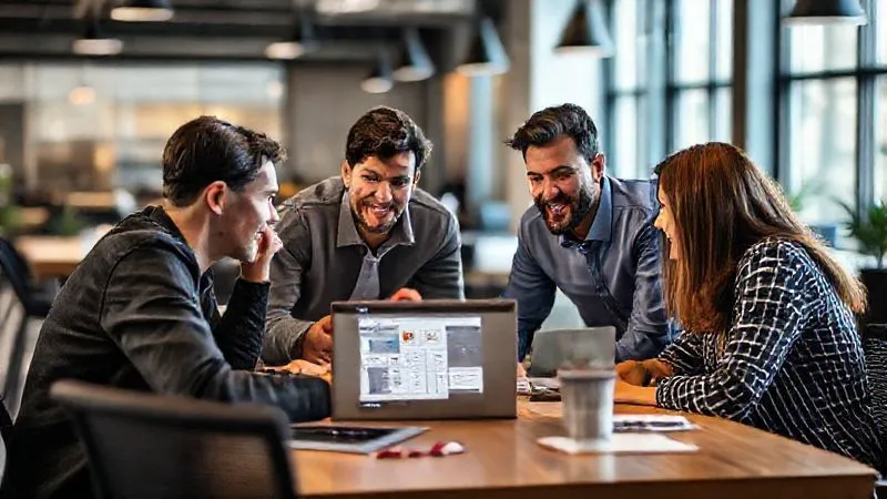 A photorealistic image of a diverse, small team of professionals collaborating around a table in a modern, brightly lit co-working space. They are intensely focused on a laptop screen displaying a project plan, with animated discussion and positive body language. Cinematic lighting, sharp focus on the team's faces and the laptop, depth of field blurring the background, 8K hyper-detailed, professional photography, shot on a high-end DSLR.