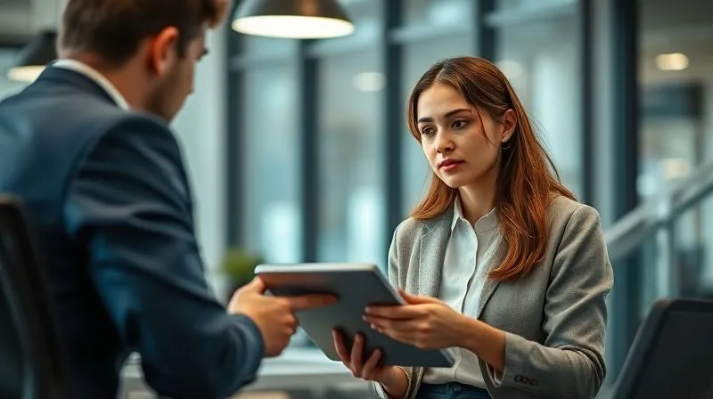 A photorealistic image of a professional woman (freelancer) actively listening to a client in a modern, brightly lit office, with a tablet in hand, showing empathy and deep engagement. Cinematic lighting, sharp focus on their interaction, depth of field blurring the background, 8K hyper-detailed, professional photography, shot on a high-end DSLR.