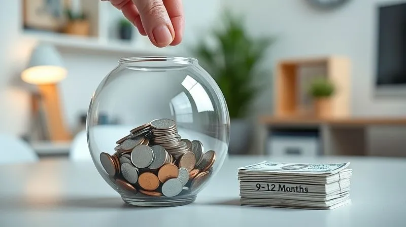 A photorealistic image of a transparent piggy bank being filled with coins, with a stack of bills labeled '9-12 Months' next to it. The background is a clean, modern home office. Cinematic lighting, sharp focus on the piggy bank, depth of field blurring the background, 8K hyper-detailed, professional photography, shot on a high-end DSLR.