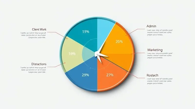 A photorealistic infographic showing a pie chart representing time allocation for a freelancer, with segments like 'Client Work', 'Admin', 'Marketing', and 'Distractions'. The chart is clean, professional, with clear labels and percentages. Cinematic lighting, sharp focus, 8K, professional photography.