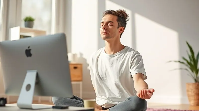 A photorealistic image of a freelancer taking a mindful break, perhaps stretching or meditating in a sunlit room, away from the computer. The scene is calm and serene, emphasizing rest and mental clarity. Cinematic lighting, sharp focus, 8K, professional photography, depth of field.