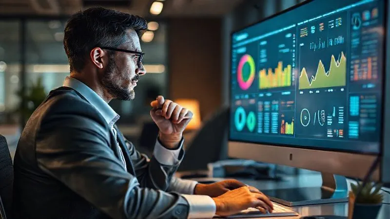 Photorealistic image of a consultant sitting at a modern desk, reviewing a dashboard with various performance metrics (charts, graphs, KPIs) on a large monitor, with a thoughtful expression. Cinematic lighting, sharp focus on the screen and the consultant's face, depth of field blurring the office background. 8K hyper-detailed, professional photography.