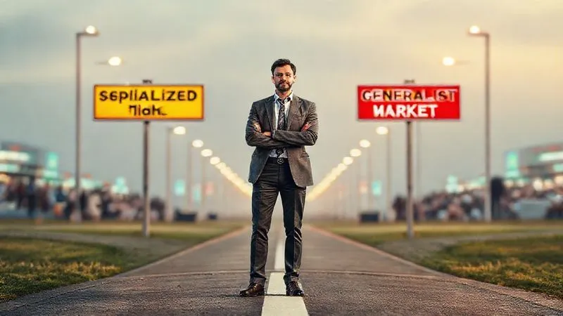 Photorealistic image of a consultant standing confidently at a crossroads, with one path clearly labeled 'Specialized Niche' and the other 'Generalist Market'. The specialized path is well-lit and vibrant, while the generalist path is more crowded and less defined. Cinematic lighting, sharp focus on the consultant and the signs, depth of field blurring the distant background. 8K hyper-detailed, professional photography.