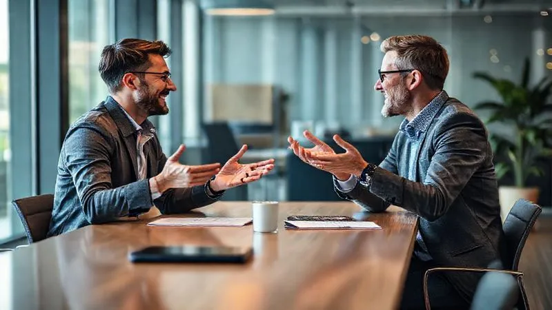 Photorealistic image of a freelance consultant and a client engaged in a productive, friendly discussion across a modern meeting table. They are both smiling and gesturing, with open body language. Cinematic lighting, sharp focus on their interaction, depth of field blurring the contemporary office background. 8K hyper-detailed, professional photography.