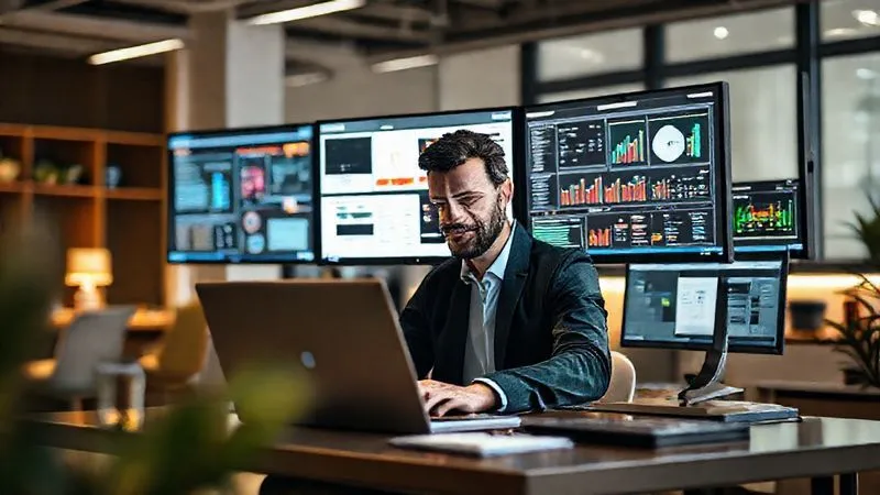 Photorealistic image of a freelance consultant efficiently working on a laptop, surrounded by various digital tools and software interfaces displayed on multiple screens (CRM, project management, analytics). The scene conveys a sense of streamlined workflow and technological empowerment. Cinematic lighting, sharp focus on the consultant and the screens, depth of field blurring a modern, minimalist office background. 8K hyper-detailed, professional photography.