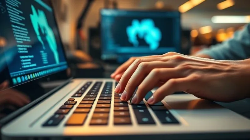 Photorealistic image of a designer's hands blurring as they rapidly type on a keyboard, with a glowing Photoshop interface in the background. The focus is on the speed and efficiency of the interaction, with cinematic lighting highlighting the hands. 8K hyper-detailed, shot on a high-end DSLR.
