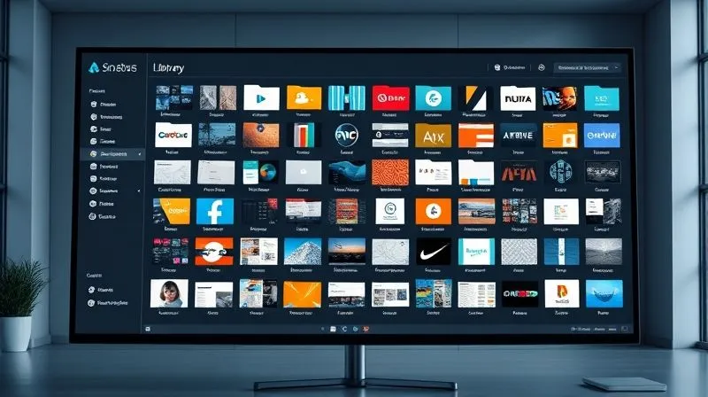 Photorealistic image of a sleek digital library interface on a large monitor, displaying neatly organized folders of design assets like icons, fonts, and textures. The interface has a futuristic and efficient feel, with soft, ambient lighting. 8K hyper-detailed, shot on a high-end DSLR.