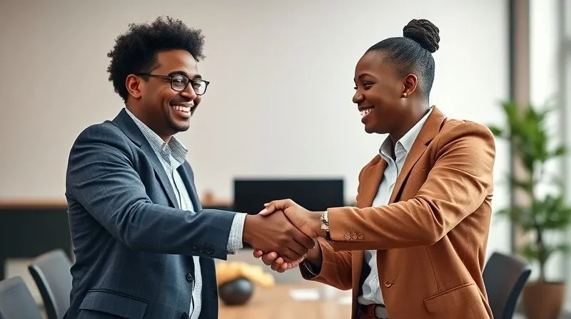 A photorealistic image of two diverse business professionals shaking hands warmly after a successful online meeting, both smiling genuinely. One is a freelancer, the other a client. The background is a modern, clean workspace. Cinematic lighting, sharp focus on the handshake, depth of field. 8K hyper-detailed, professional photography.