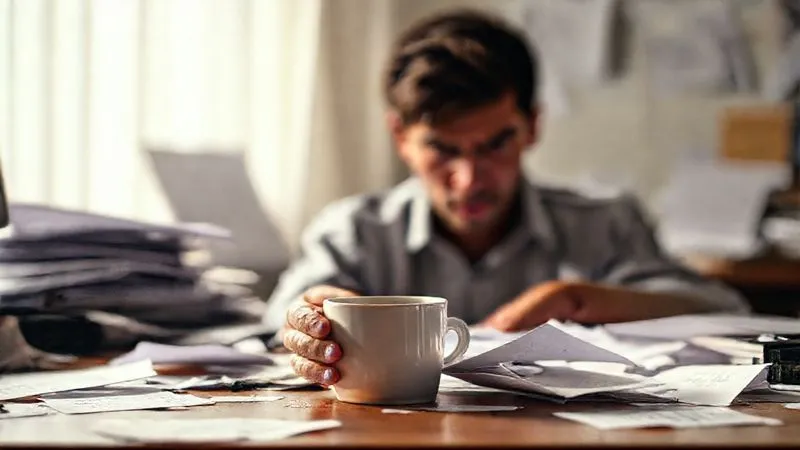 Photorealistic image of a freelancer's desk in disarray, with scattered papers, an empty coffee cup, and a worried expression on a person's face obscured by shadows, symbolizing chaos and uncertainty. The background is blurry, emphasizing the personal struggle. Cinematic lighting, sharp focus on the desk, depth of field, 8K, shot on a high-end DSLR.